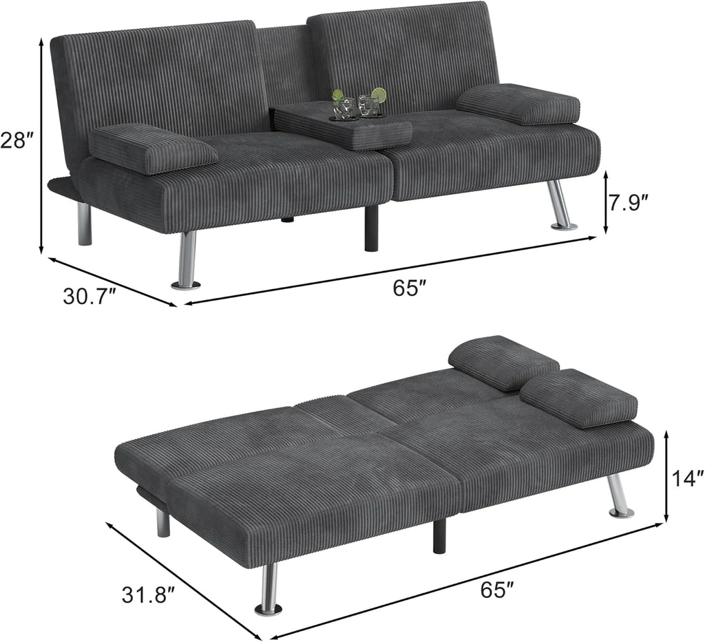Shahoo Modern Linen Upholstered Convertible Folding Futon Sofa Bed with Removable Armrests