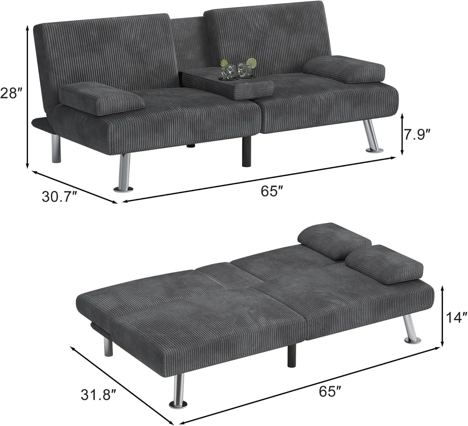 Shahoo Modern Linen Upholstered Convertible Folding Futon Sofa Bed with Removable Armrests
