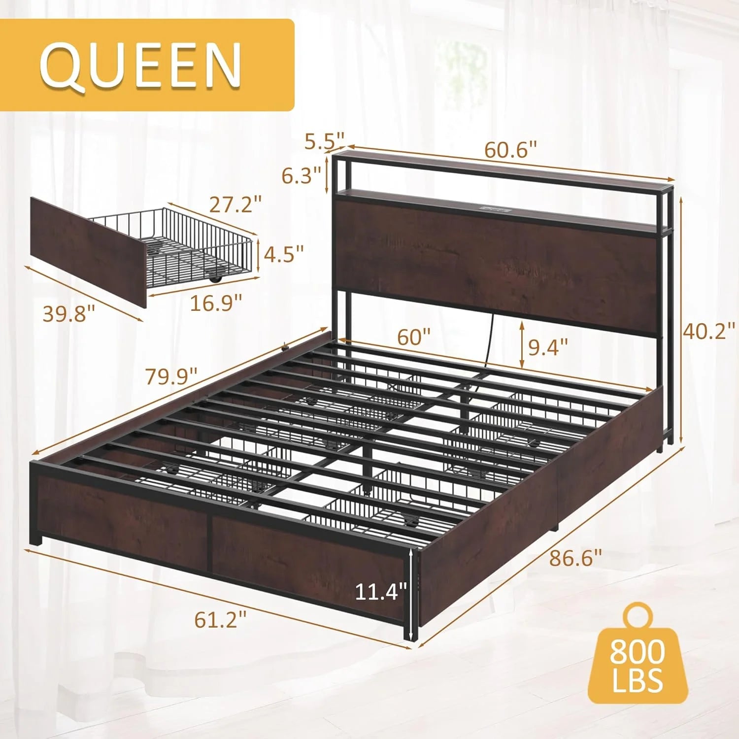Lifezone Queen Bed Frame with 2-Tier Storage Headboard, Metal Platform Bed Frame with 4 Storage Drawers, Built in Charging Station & LED, Noise-Free/Metal Support/No Box Spring Needed