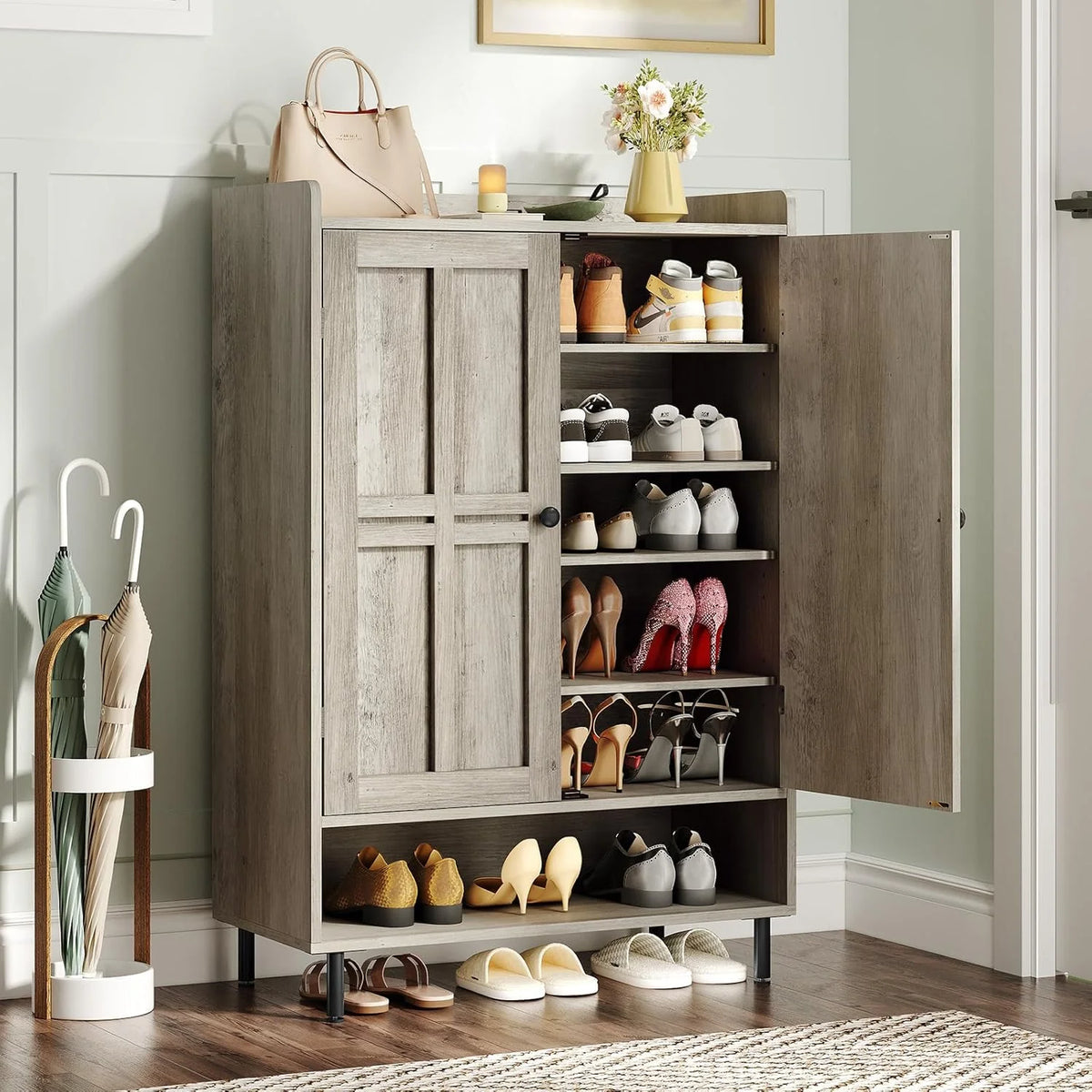 ONBRILL Shoe Storage Cabinet with Cross Molding Doors, 6-Tier Farmhouse Shoe Cabinet