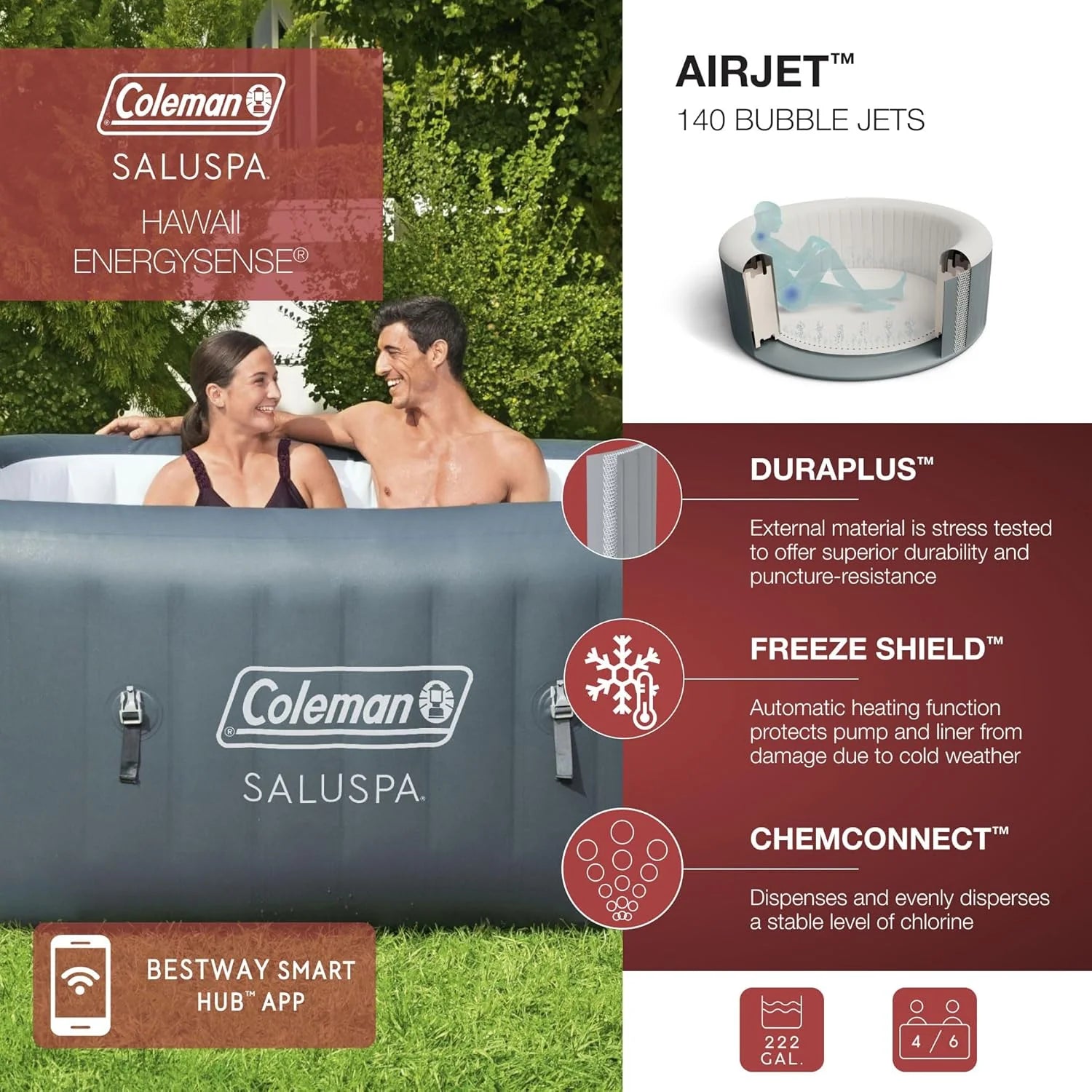 Coleman SaluSpa Atlantis AirJet 4 to 6 Person Inflatable Hot Tub Square Portable Outdoor Spa with 140 Soothing Jets with Cover, Blue