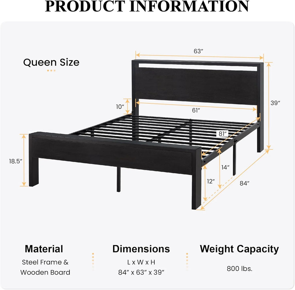 SHA CERLIN 14 Inch Full Size Metal Platform Bed Frame with Wooden Headboard and Footboard