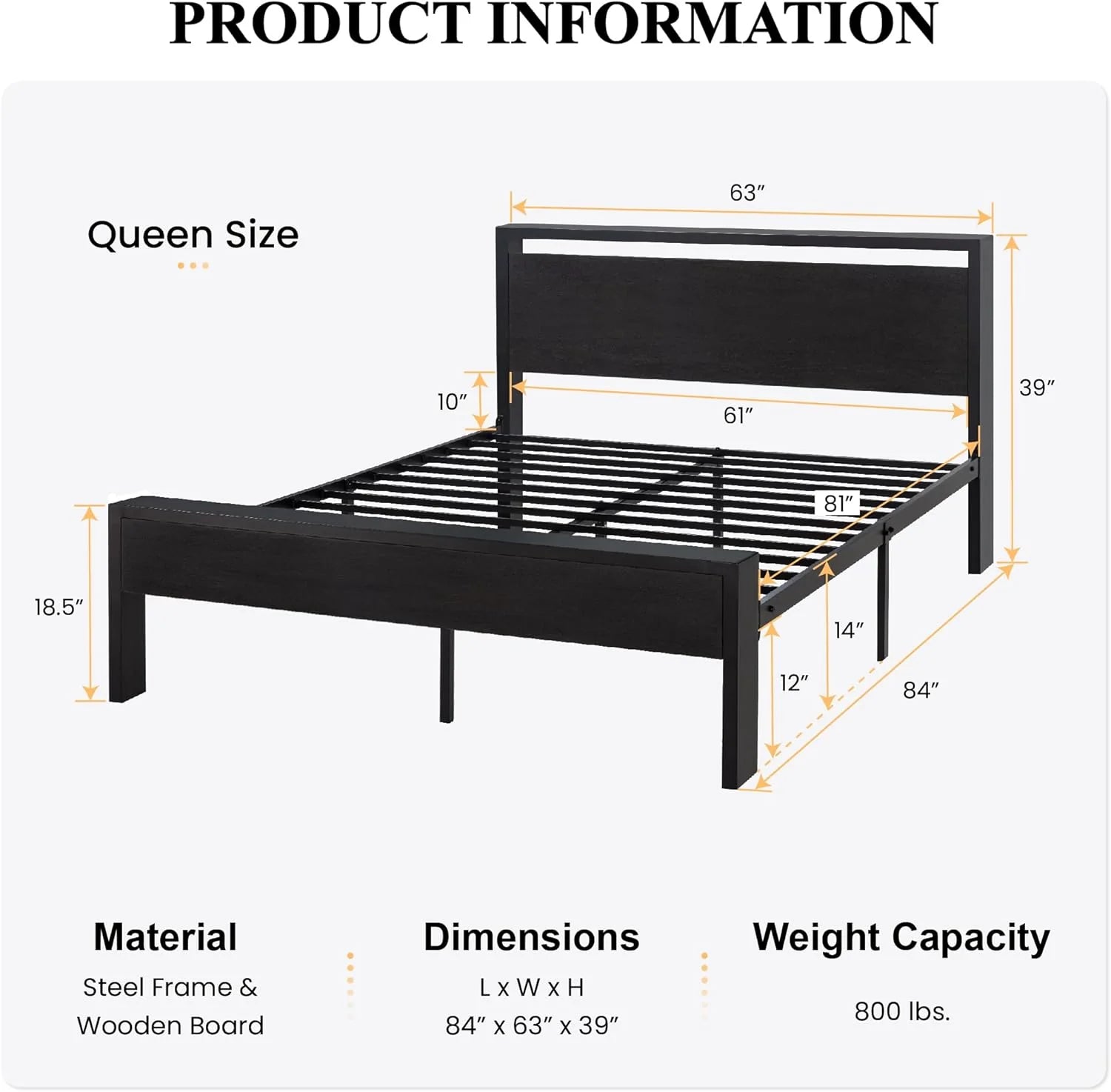 SHA CERLIN 14 Inch Full Size Metal Platform Bed Frame with Wooden Headboard and Footboard