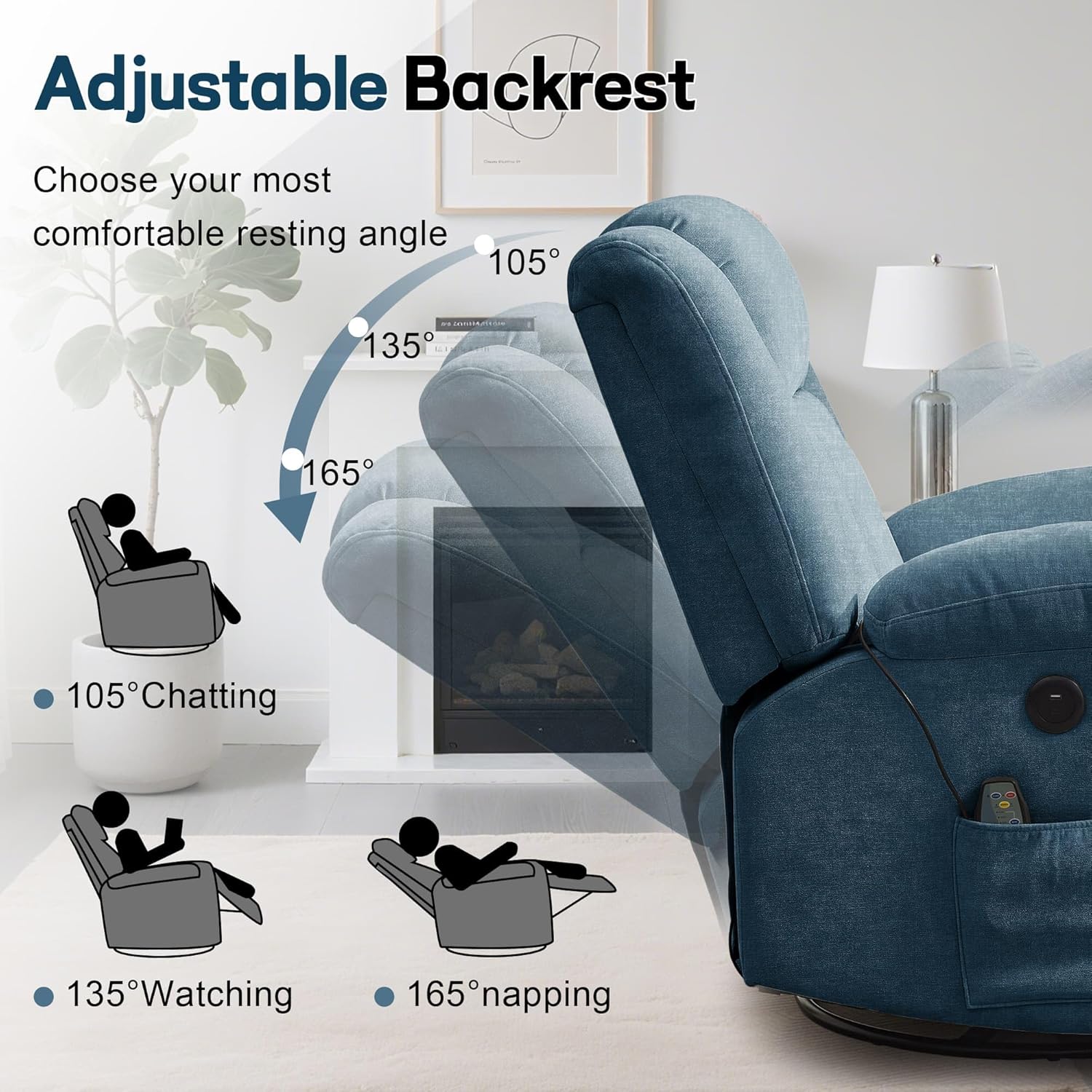 Adult rocking chair, gliding recliner, 360° rotating rocking chair with massage and heating function