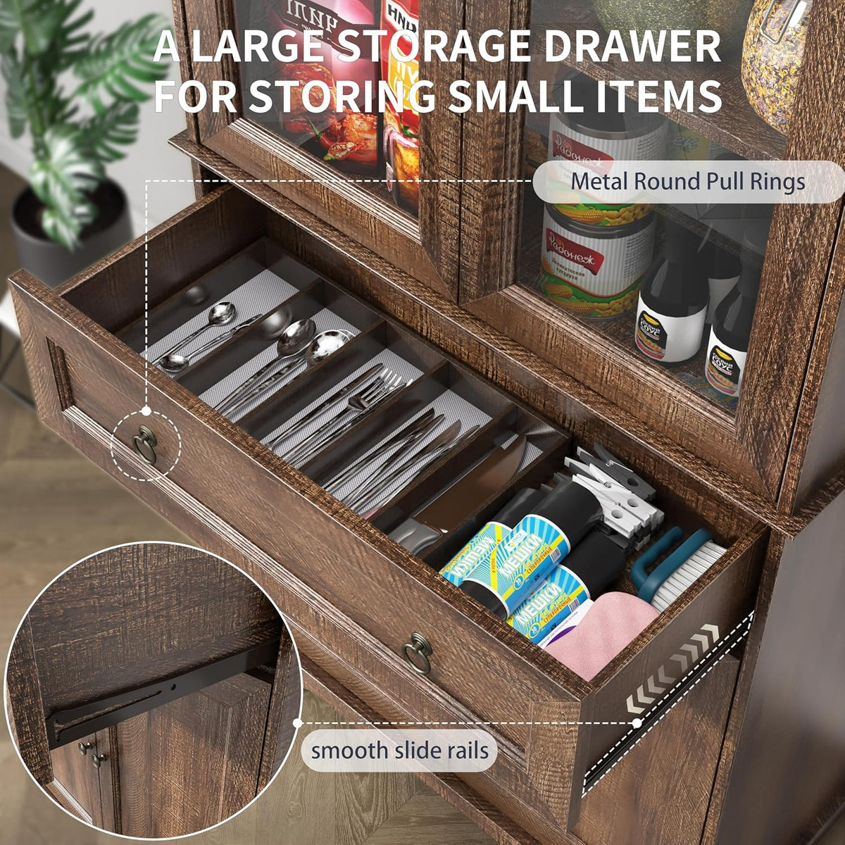 Kitchen Hutch Pantry Cabinet 71 Tall with Glass Doors