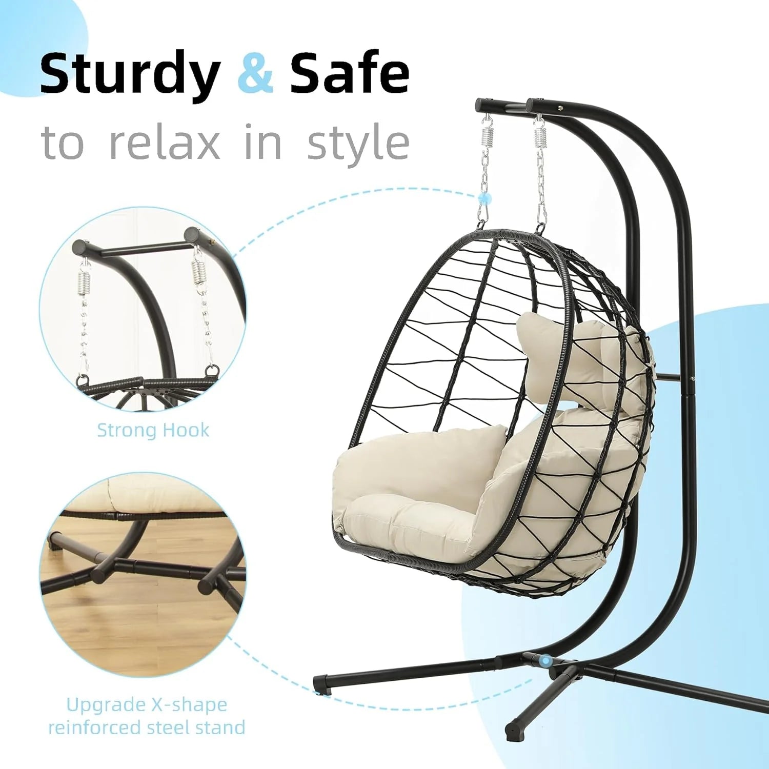 Double Egg Chair Hammock Swing Chair Foldable Hanging Loveseat UV Resistant Cushions