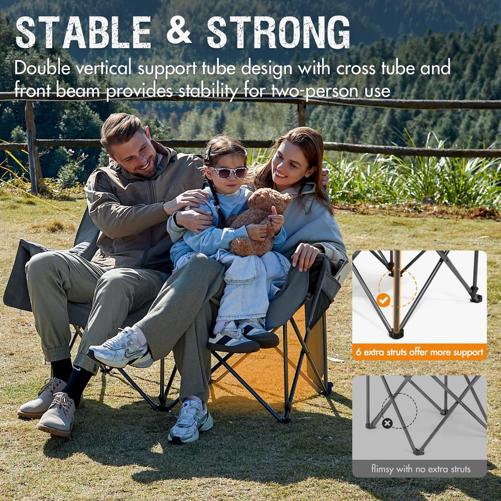 Double Camping Chair for Two Adults Folding Padded Loveseat with Cup Holders and Carry Bag 600 lbs