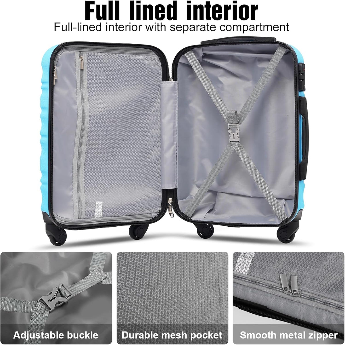 LONG VACATION 6 Piece Luggage Set Carry on Suitcase with ABS+PC hardshell, Spinner Wheels & YKK Zipper TSA Lock