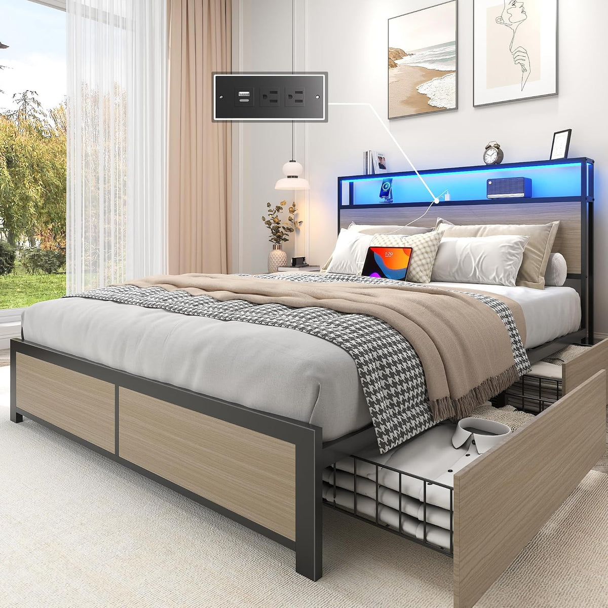 Lifezone Queen Bed Frame with 2-Tier Storage Headboard, Metal Platform Bed Frame with 4 Storage Drawers, Built in Charging Station & LED, Noise-Free/Metal Support/No Box Spring Needed
