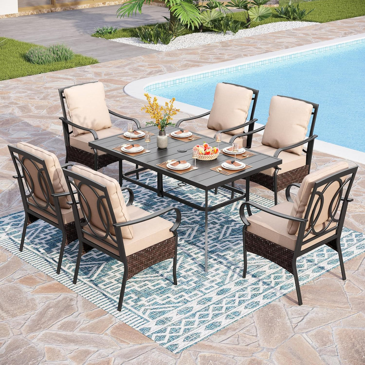 PHI VILLA 6-Piece Outdoor Dining Sets, All-Weather Patio Table and Chairs Set with Umbrella for 4, Heavy Duty Patio Round Table Set for Deck, 4 Extra Large Outdoor Swivel Chairs with Thick Cushions