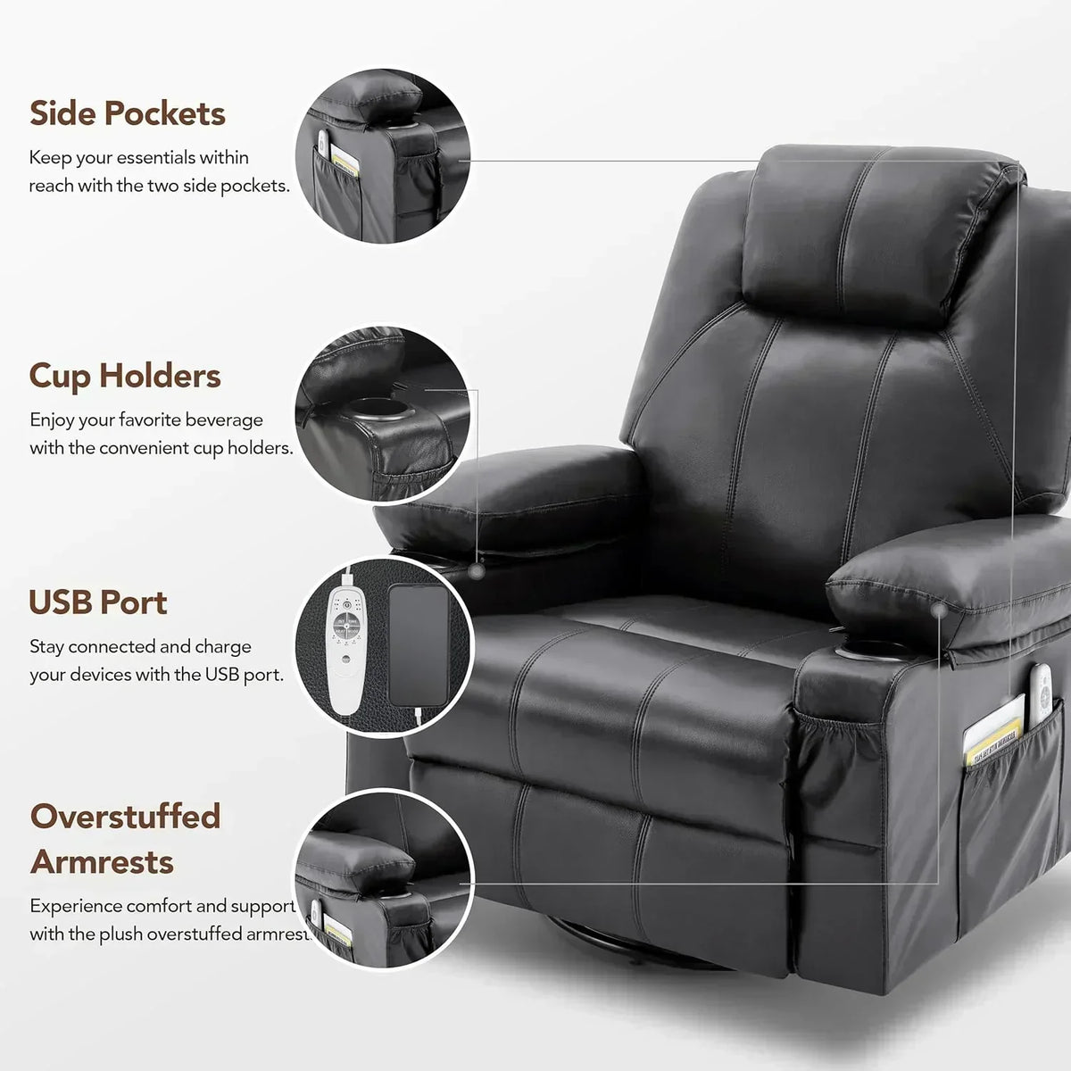 Large Swivel Rocking Recliner with Massage Function 360 Degree Swivel Rocking Single Sofa