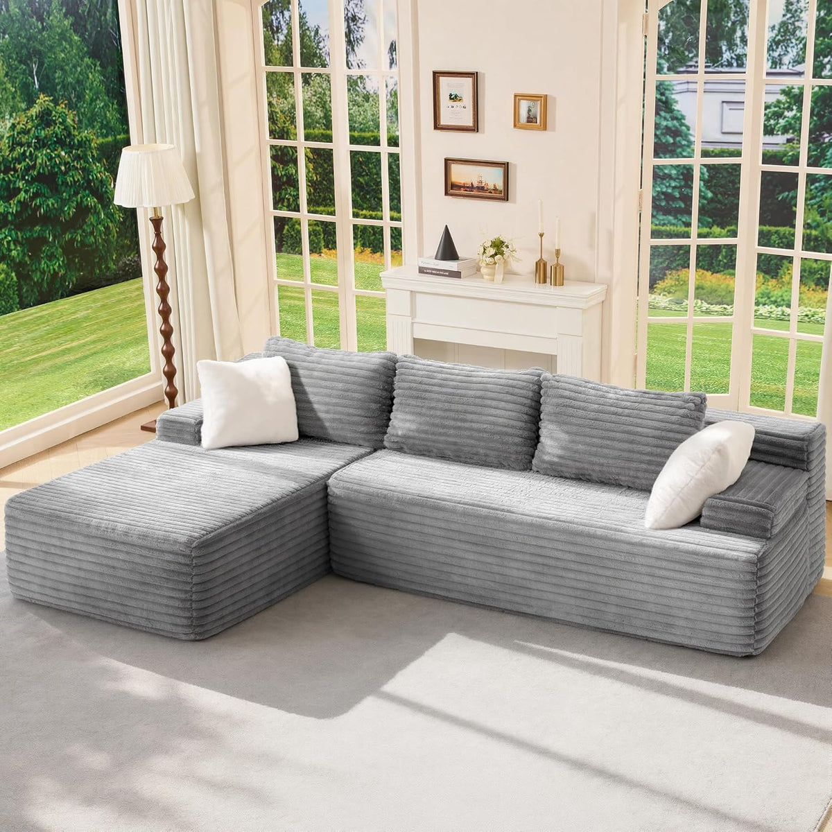 Modular Sectional Sofa Couches L-Shape Couch 3 Seat Modular Sofa Memory Foam Sectional Couches for Living Room, Cloud Couch with Oversized Chaise (Grey Stripe, 96 Left Facing Chaise)