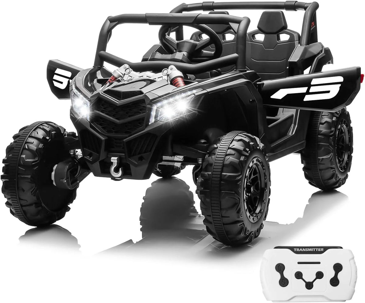 JOYRACER Kids Remote Control Car with 4 x 150W Motors, Shock Absorbers, Bluetooth, MP3 Player, and Headlights
