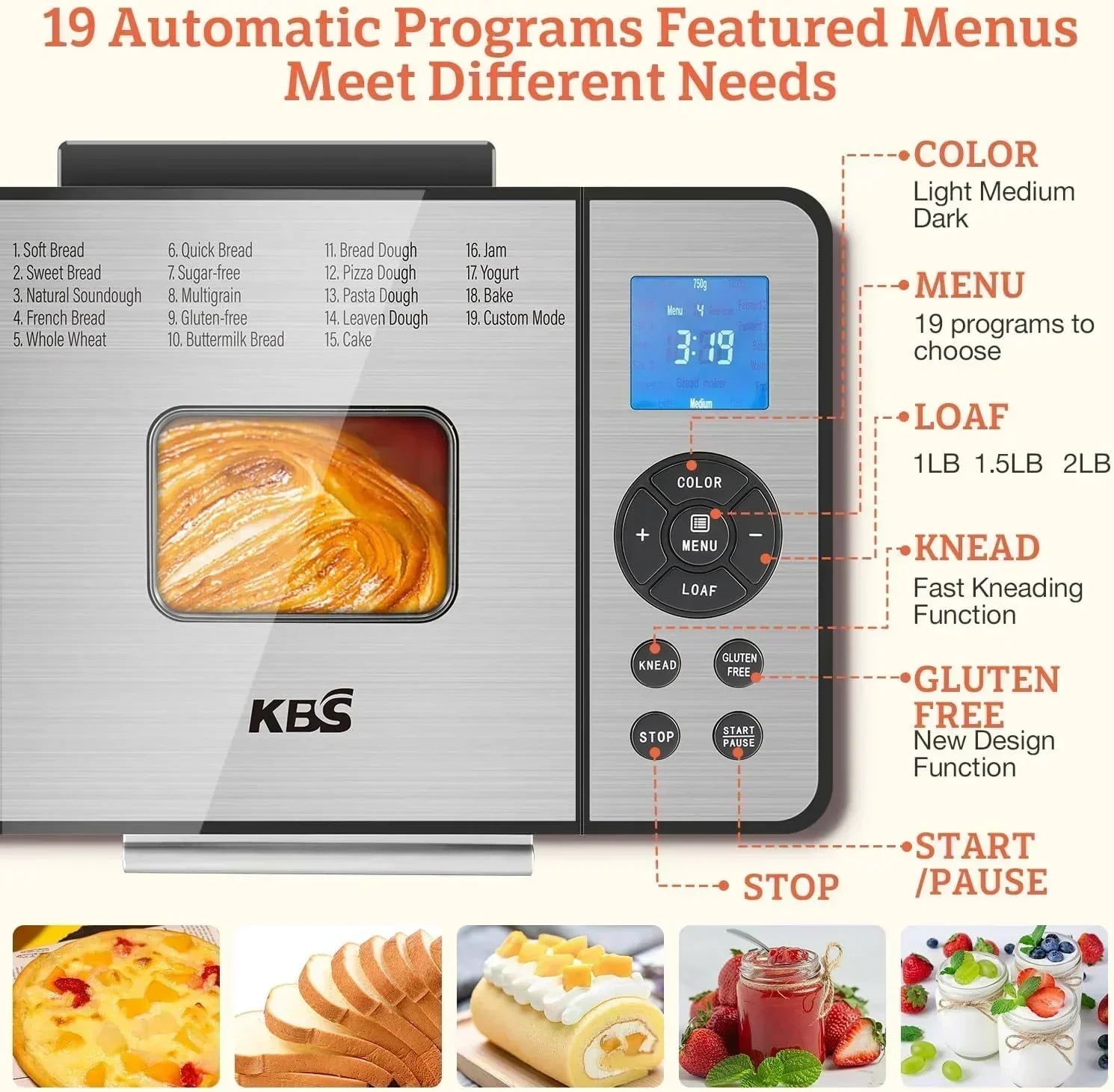 KBS 2LB Bread Maker 19-in-1 Automatic Stainless Steel Bread Maker with Ceramic Pot