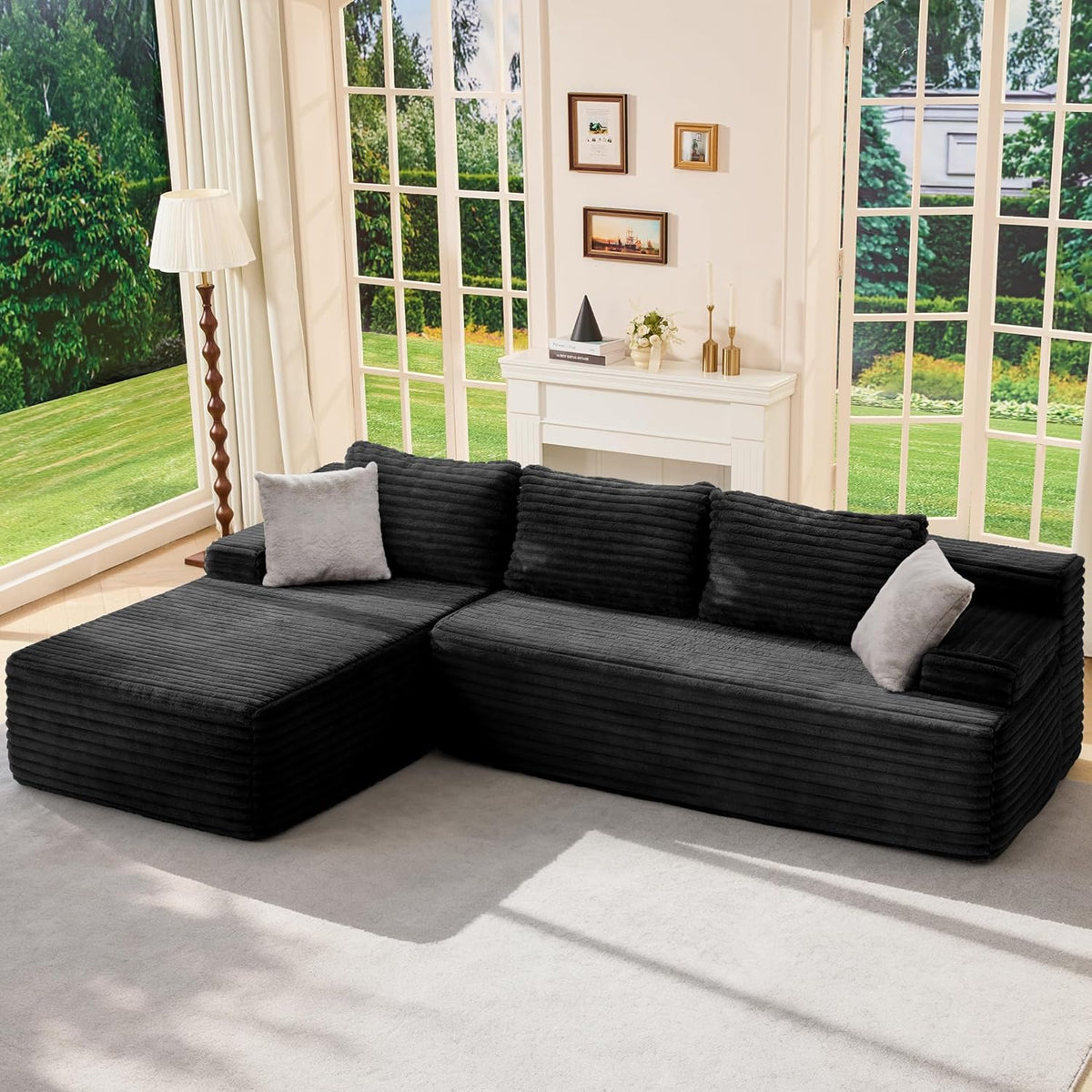 Modular Sectional Sofa Couches L-Shape Couch 3 Seat Modular Sofa Memory Foam Sectional Couches for Living Room, Cloud Couch with Oversized Chaise (Grey Stripe, 96 Left Facing Chaise)