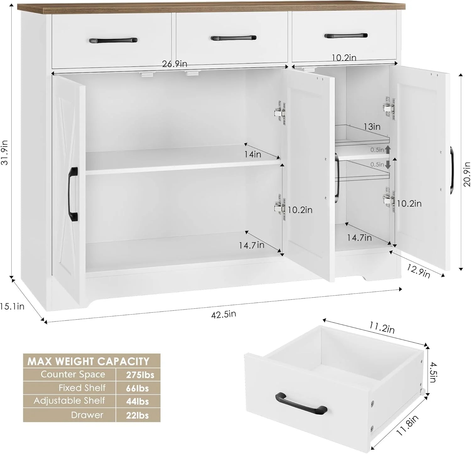 Modern farmhouse sideboard, barn door buffet storage cabinet with drawers and shelves, wooden coffee bar with storage