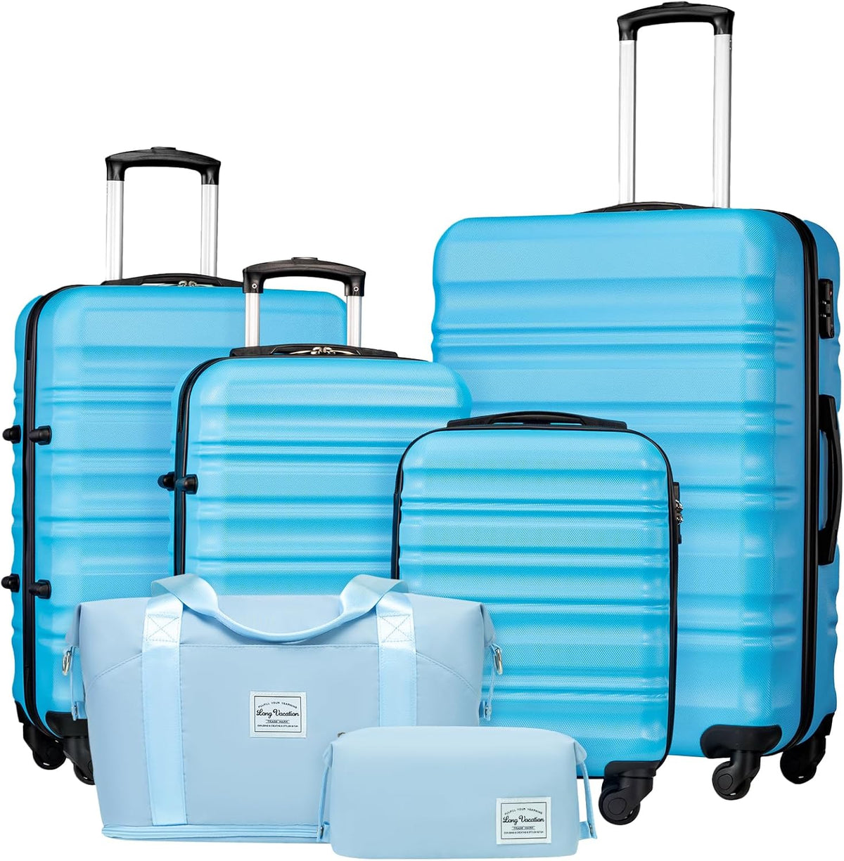 LONG VACATION 6 Piece Luggage Set Carry on Suitcase with ABS+PC hardshell, Spinner Wheels & YKK Zipper TSA Lock