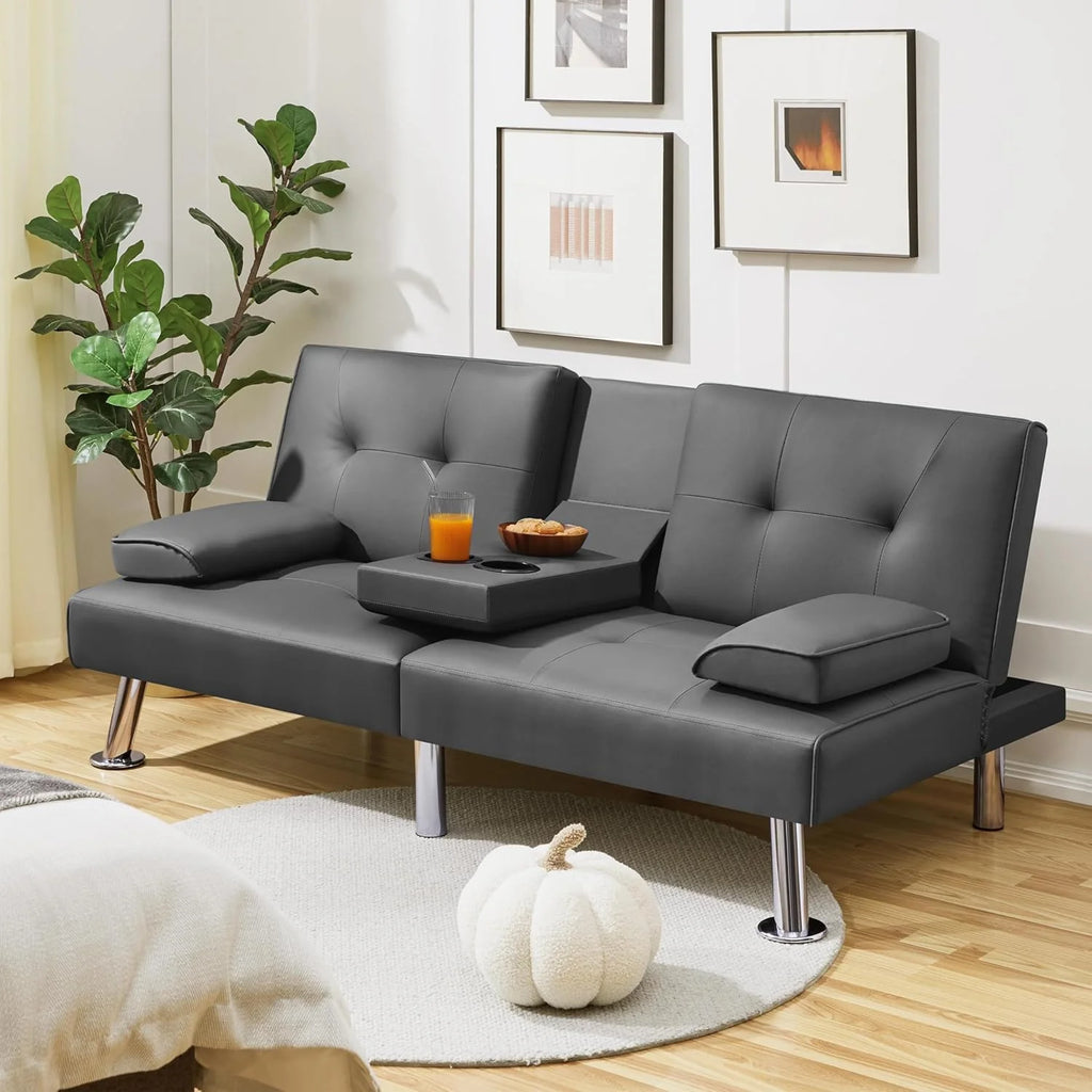 Yaheetech Convertible Sofa Bed Adjustable Couch Sleeper Modern Faux Leather Home Recliner Reversible Loveseat Folding Daybed Guest Bed, Removable Armrests, Cup Holders, 3 Angles, 772lb Capacity, Brown