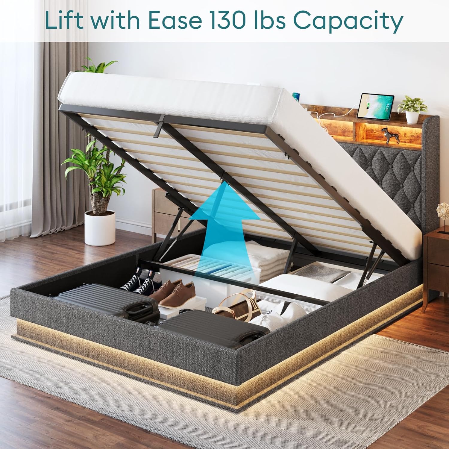 Queen Bed Frame Storage Lift Up Queen Size Bed Frame Headboard Upholstered Platform Bed