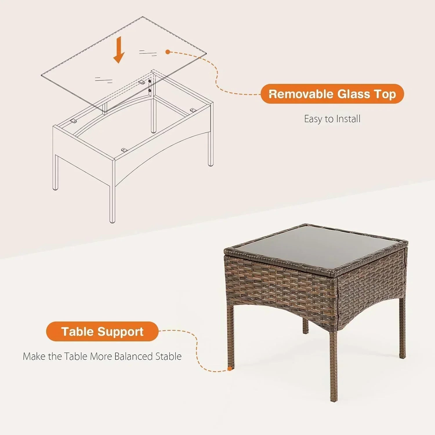 Sweetcripy Patio Furniture Set 3 Pieces Outdoor Furniture with Soft Cushion and Glass Table