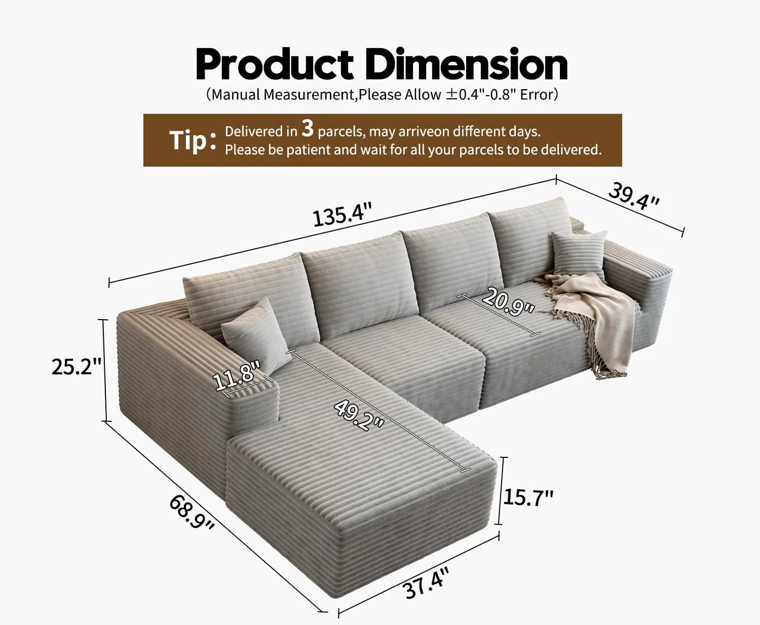 107.5 inch Cloud Modular Sectional Sofa with L-Shaped Chaise Lounge, Modern Minimalist Upholstered Sofa Deep Seating Corner Sofa