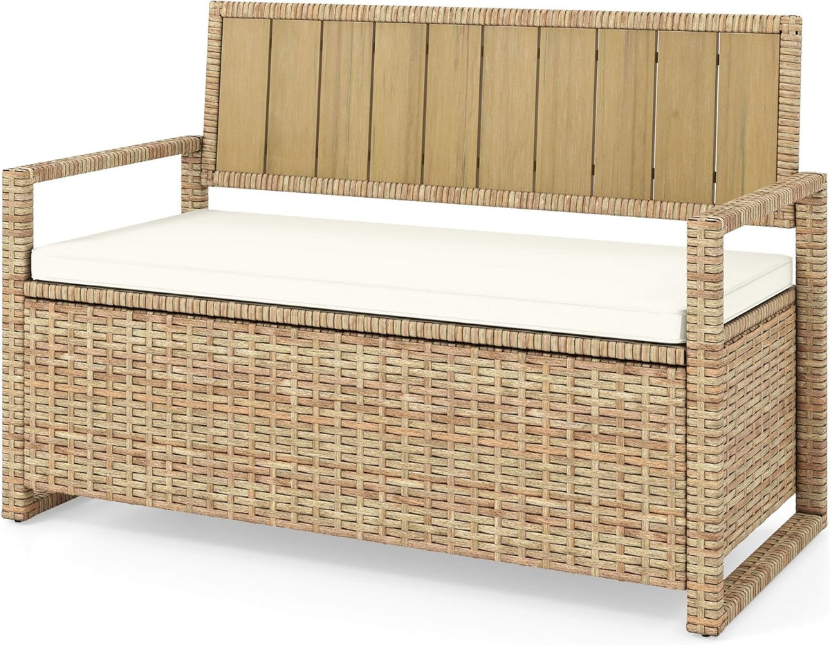 DWVO 70Gal Outdoor Storage Bench with Cushion Composite Wood Backrest Wicker Deck Bench