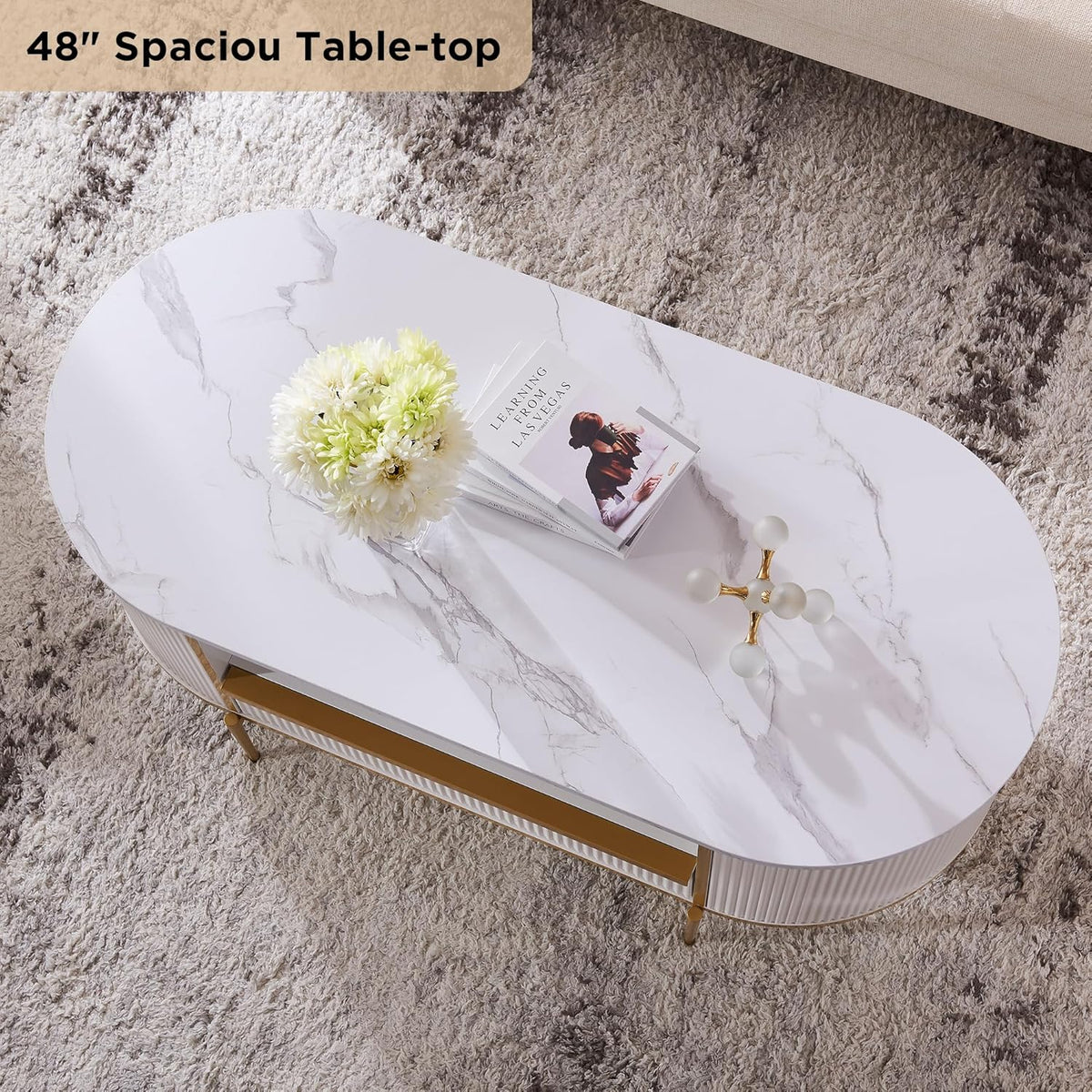 OKD Modern Luxury Grooved Coffee Table, 48 Inch Oval Coffee Table with Drawers, Imitation Marble Top, Curved Contour Design, Gold Metal Trim, Living Room Center Table