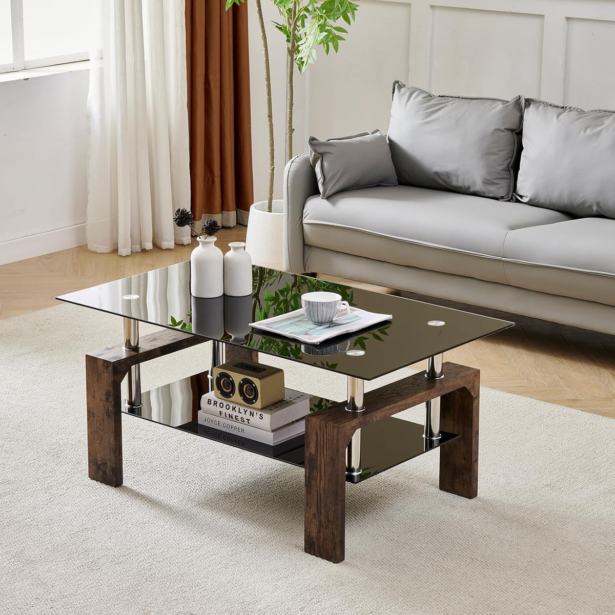 Living Room Rectangle Coffee Table, Tea Table Suitable for Waiting Room, Modern Side Coffee Table with Wooden Leg, Glass Tabletop