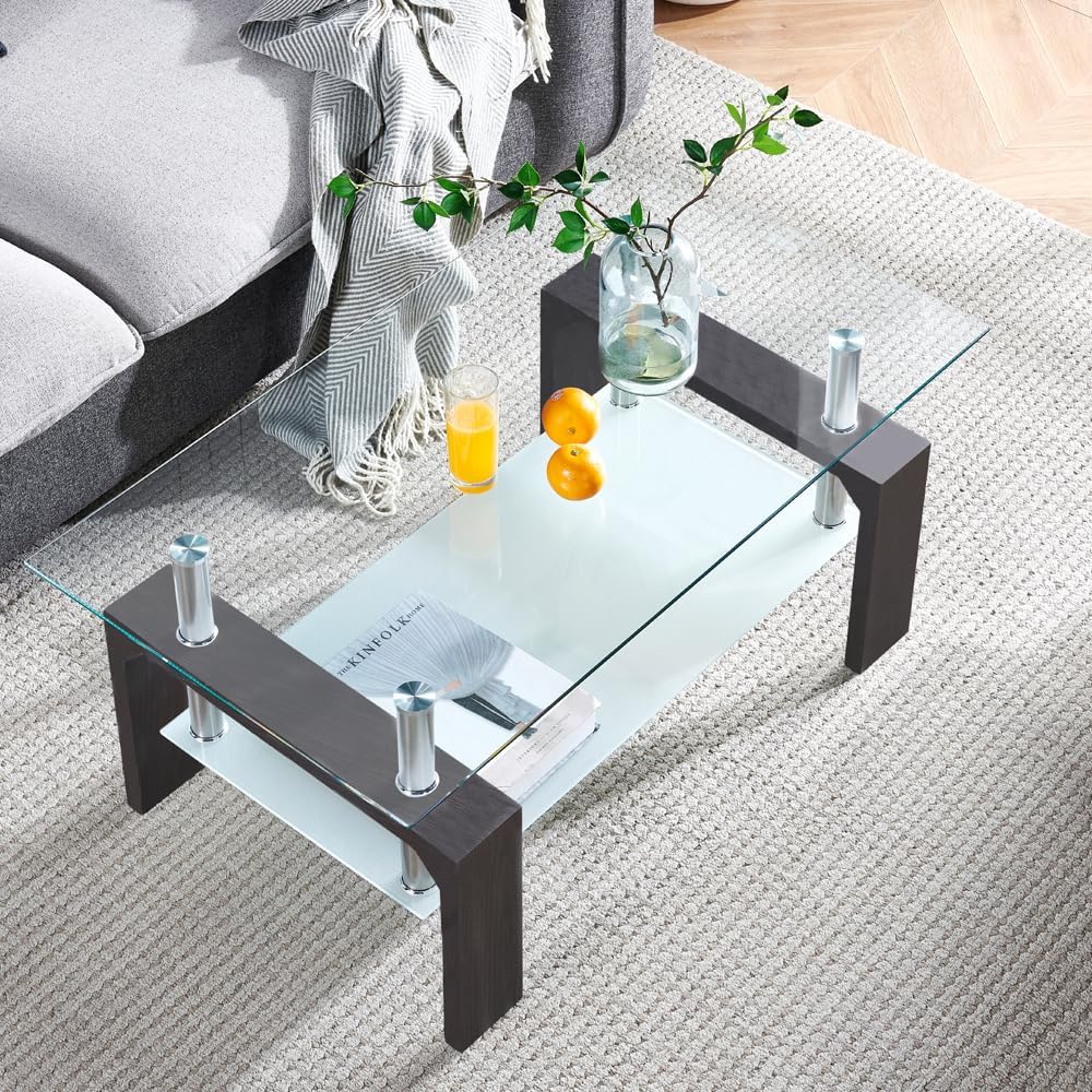 Living Room Rectangle Coffee Table, Tea Table Suitable for Waiting Room, Modern Side Coffee Table with Wooden Leg, Glass Tabletop
