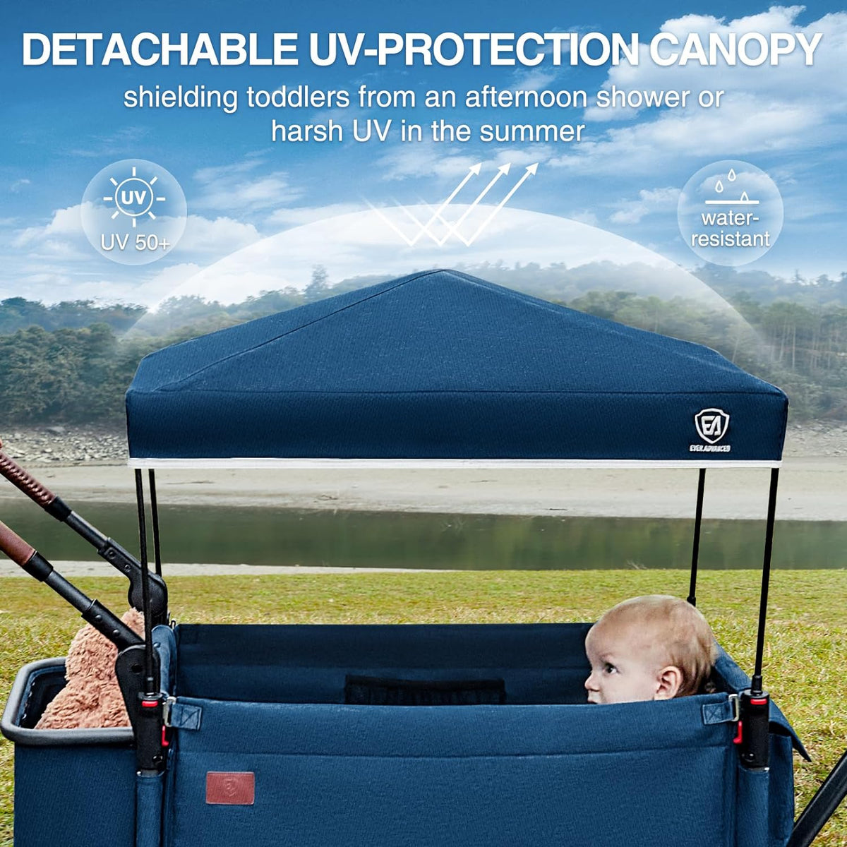 EVER ADVANCED Side-unzip Wagon Stroller for 2 Kids, Push Pull Stroller with Adjustable Handle, Easy Access Front Zipper Door, 5-Point Harness Removable UV-Protection Canopy Shock-Absorbing Wheels,Grey