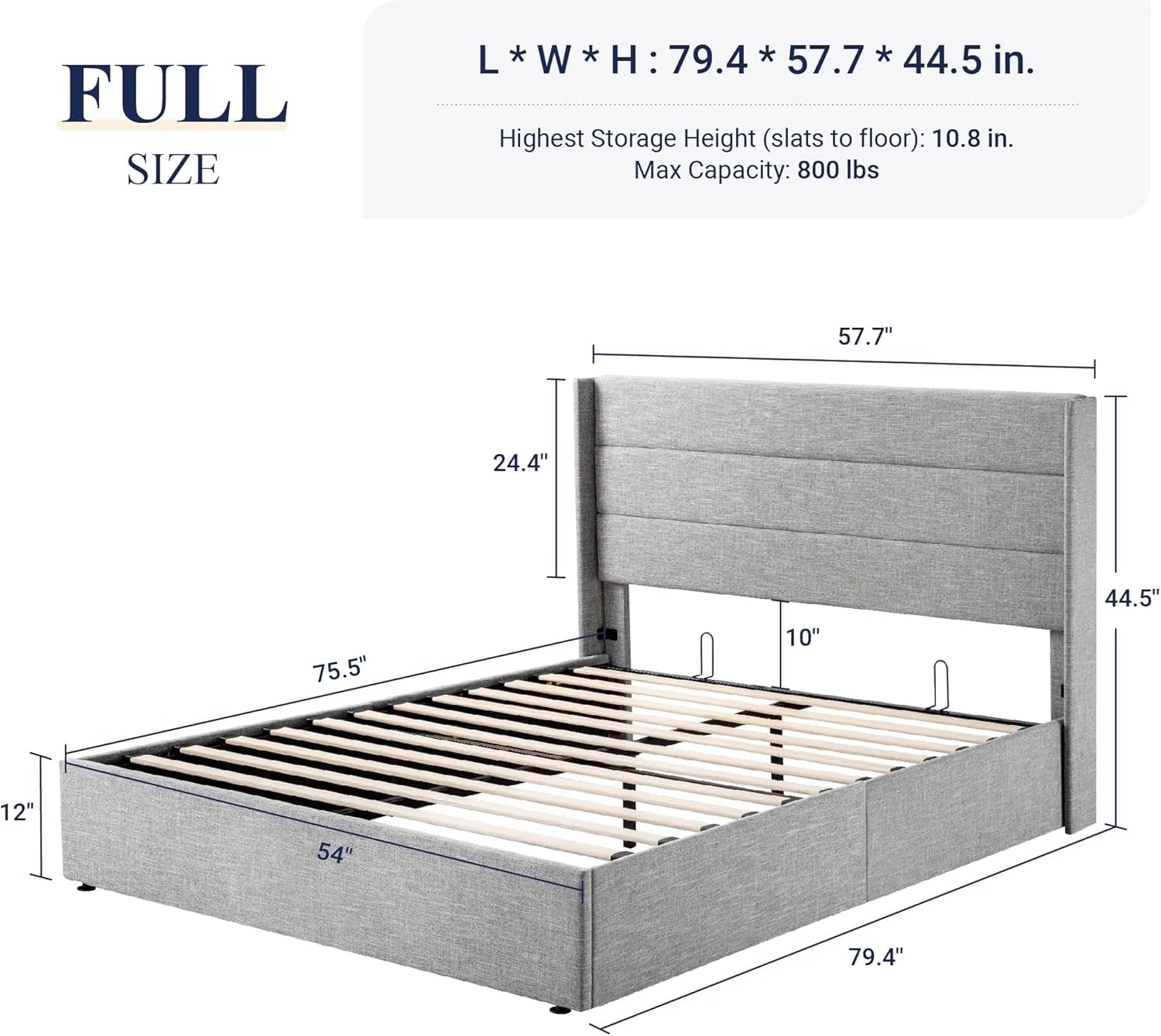 Allewie Queen Size Lift Up Storage Bed Modern Wingback Headboard Hydraulic Support