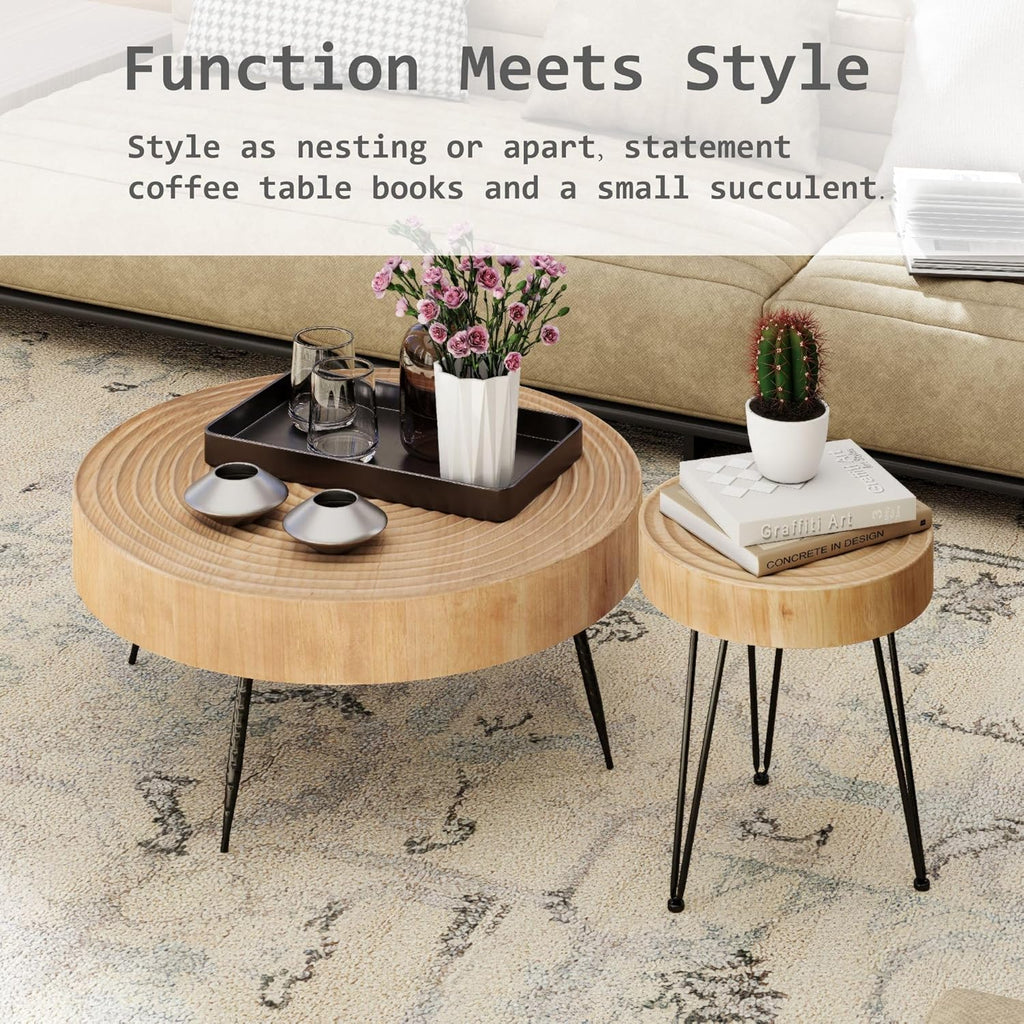 Two-Piece Modern Farmhouse Living Room Coffee Table Set Round Nesting Tables