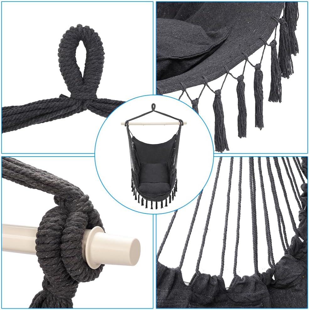 ONCLOUD Hammock Chair Hanging Rope Swing, Load Capacity Up to 550 LBS Macrame Hammock Swing Seat with Two Cushions, Hammock Seats with Portable Steel Spreader Bar for Indoor/Outdoor, Black