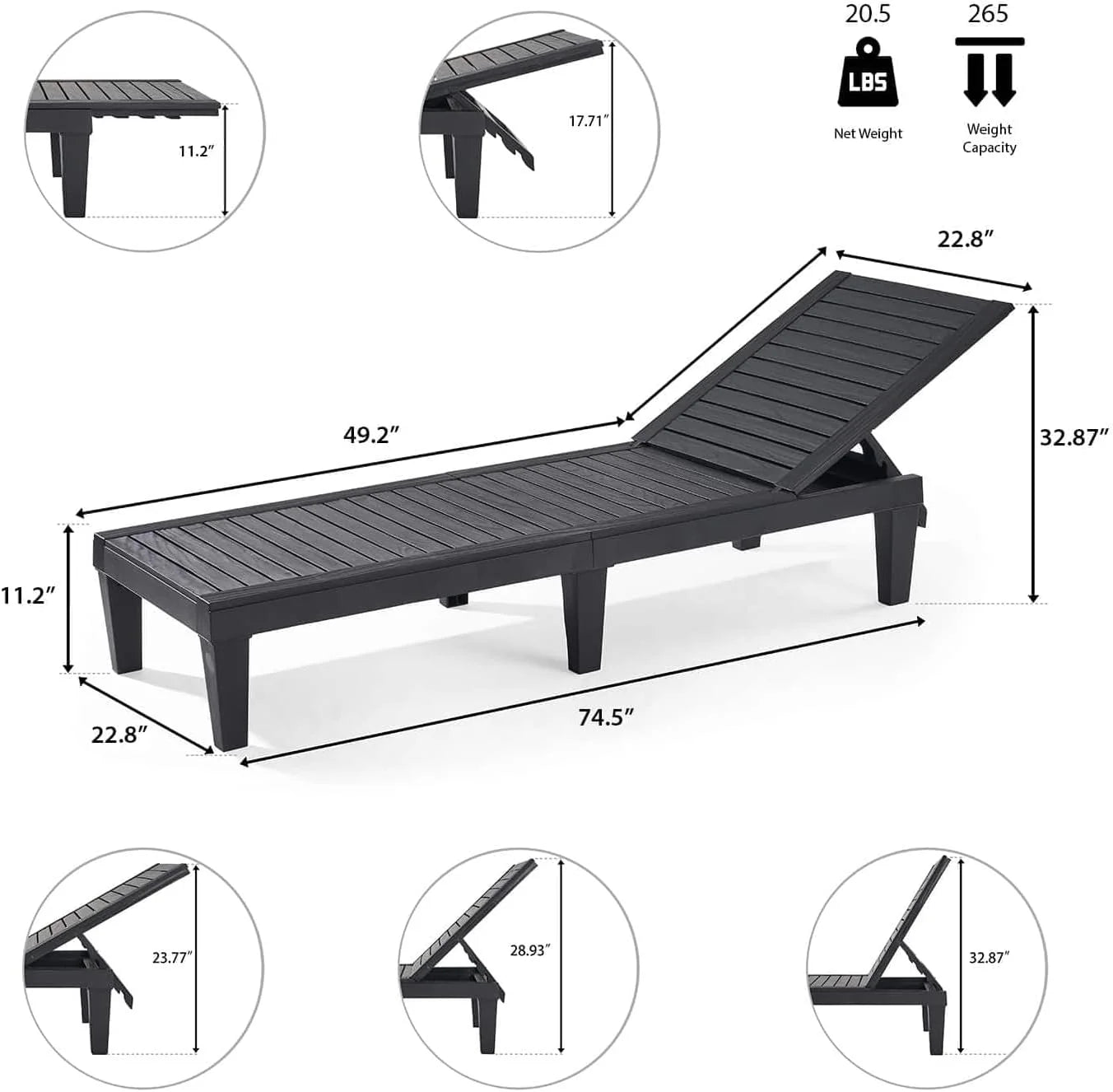 Patio Chairs - Black Chaise Lounge Chair Outdoor 5-Position Adjustable Sun Tanning Chair Waterproof Pool Lounge Chairs Set of 2 Reclining Lawn Chair, Lightweight Outdoor Lounge Chairs