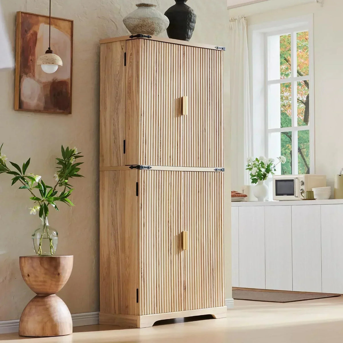 Fluted Pantry Cabinet 72 Tall Modern Storage Cabinet with 4 Doors Organizer Drawer