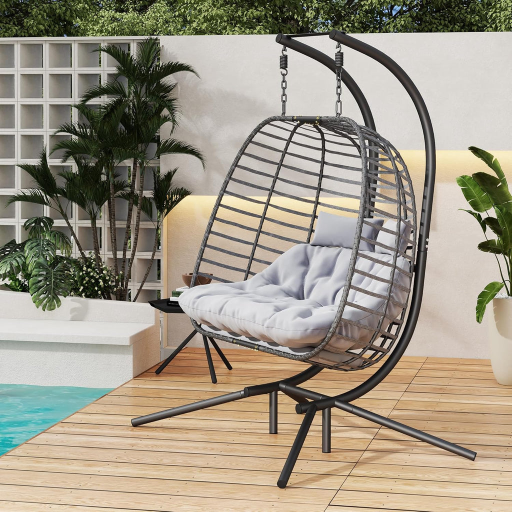 HWB Hanging Egg Chair with Stand Patio Wicker Hammock Egg Swing Chair Cushion for Bedroom