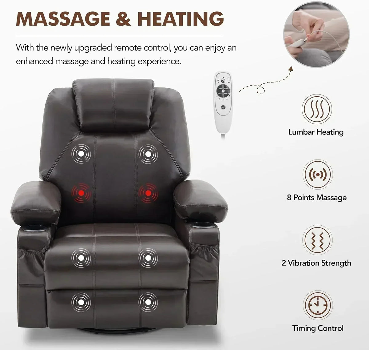 Large Swivel Rocking Recliner with Massage Function 360 Degree Swivel Rocking Single Sofa