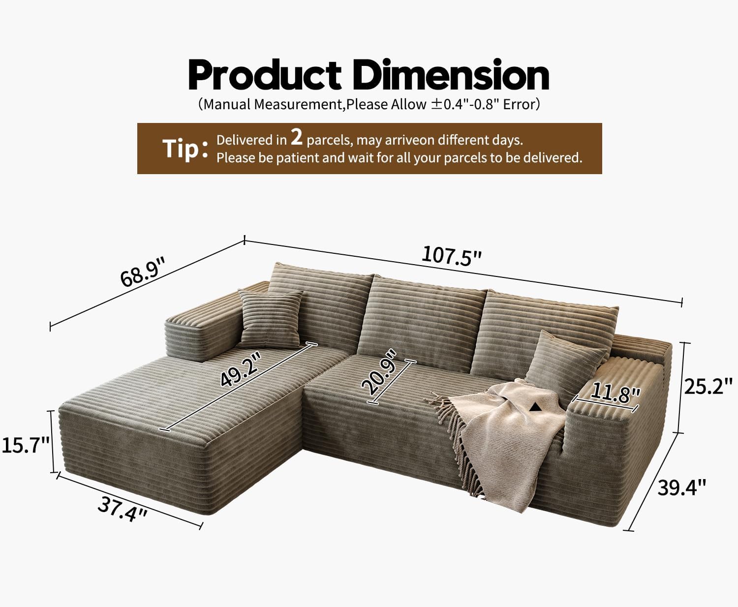 107.5 inch Cloud Modular Sectional Sofa with L-Shaped Chaise Lounge, Modern Minimalist Upholstered Sofa Deep Seating Corner Sofa