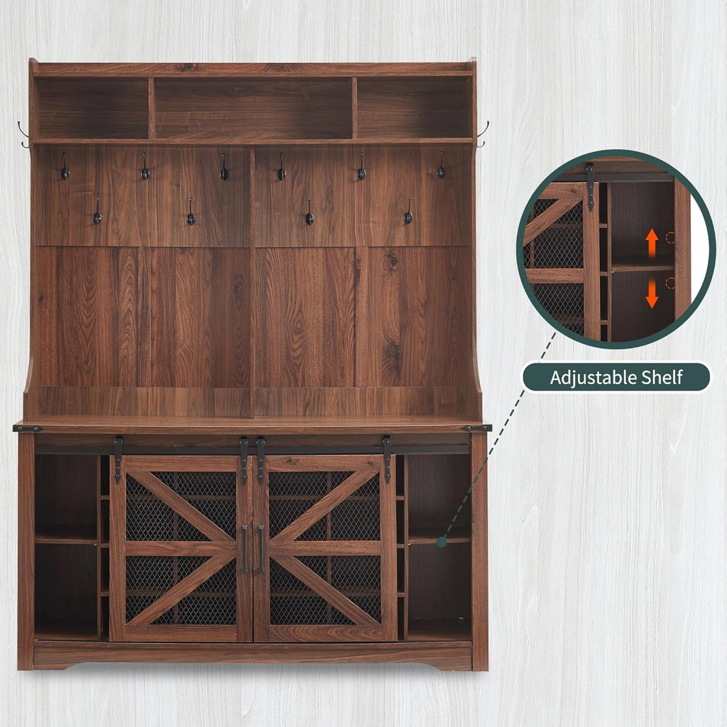 JXQTLINGMU 59-inch Farmhouse Foyer Tree Shoe Storage Entryway Bench Foyer Coat Rack Cabinet