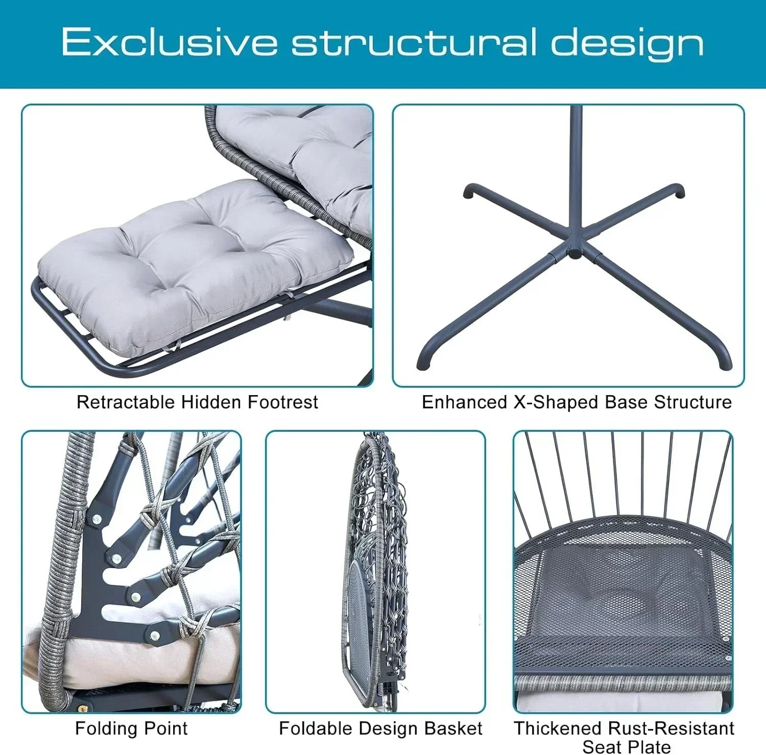 Hanging Egg Chair with Stand and Leg Rest Rattan Wicker Swing Hammock Chair UV-Resistant Cushion