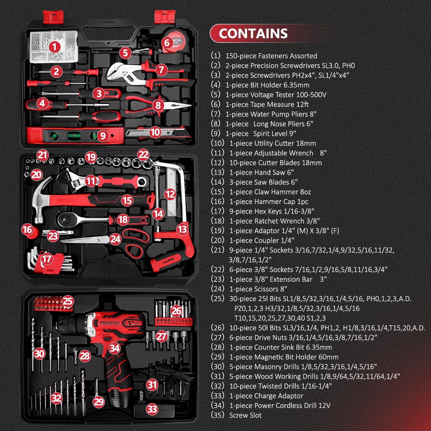 KingTool 276-Piece Tool Set Kit Tool kit 12V Cordless Power Drill Driver Toolbox Storage Case