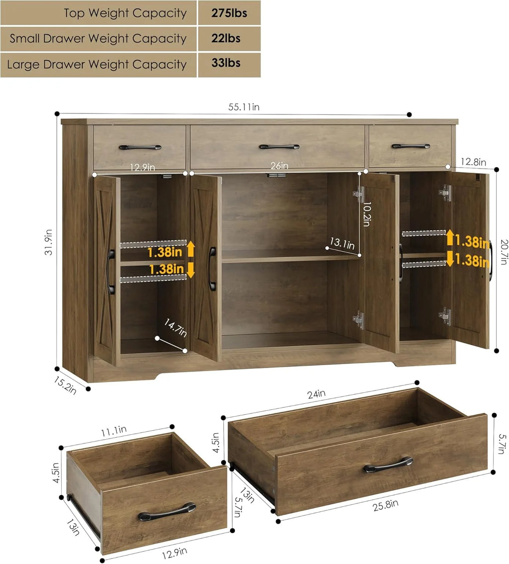HOSTACK Buffet Cabinet with Drawers, 55 Large Sideboard Buffet Storage Cabinet with Shelves and Doors, Modern Farmhouse Coffee Bar Station Wood Kitchen Table for Kitchen, Dining Room, White/Rustic