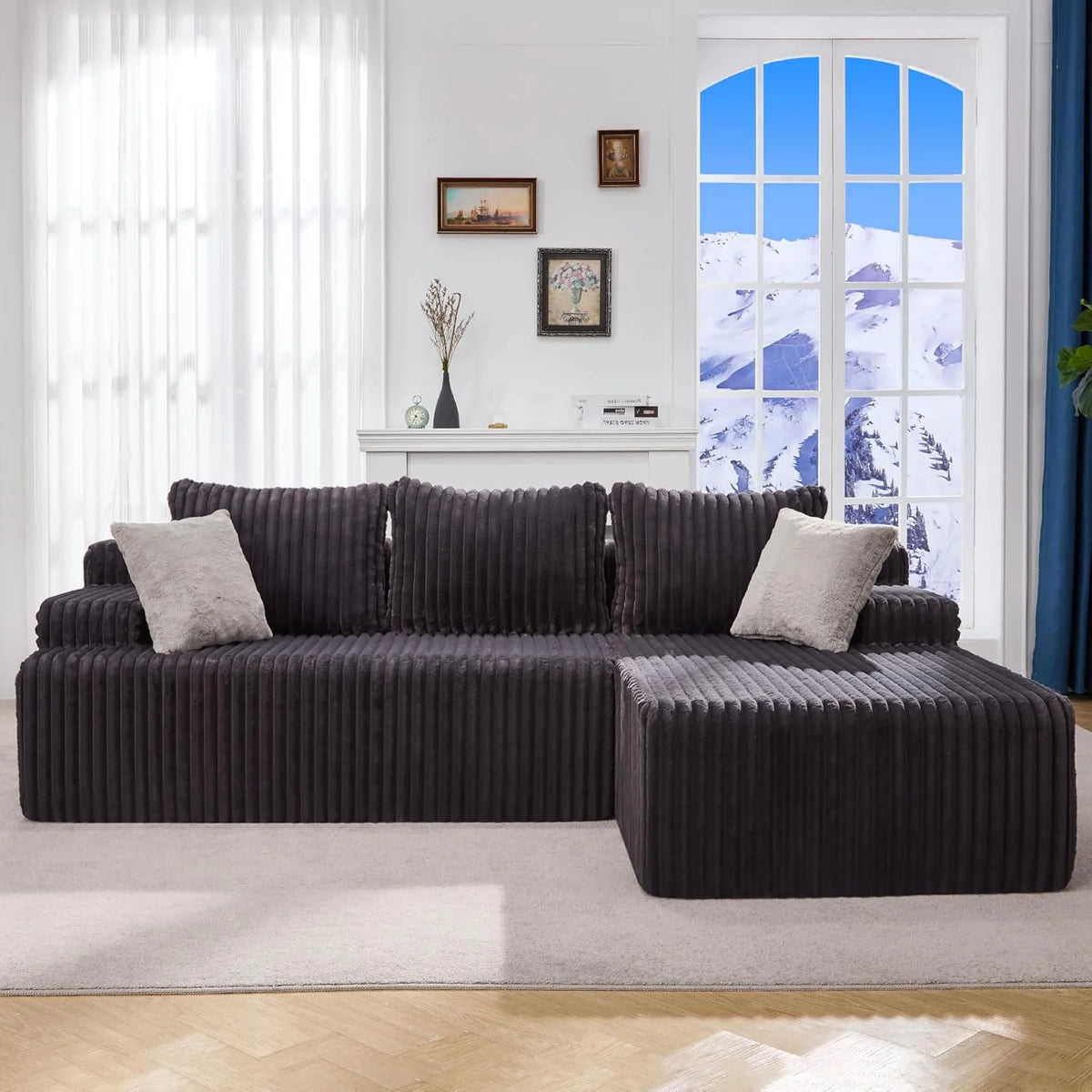 Modular Sectional Sofa Couches L-Shape Couch 3 Seat Modular Sofa Memory Foam Sectional Couches for Living Room, Cloud Couch with Oversized Chaise (Grey Stripe, 96 Left Facing Chaise)