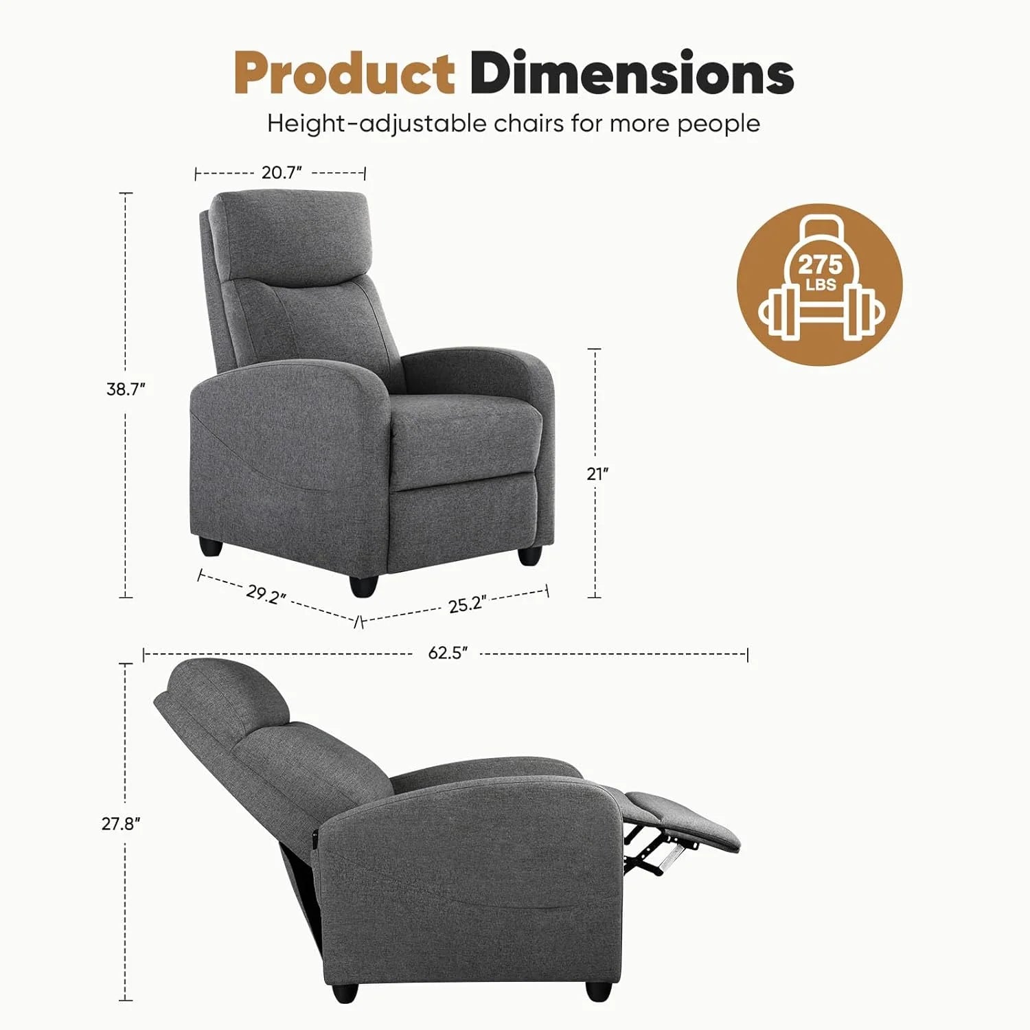 DUMOS Recliner Chair for Adults, Massage Reclining Chair for Living Room, Adjustable Home Theater Seating Single Sofa with Padded Seat Backrest and Footrest, Linen, Grey
