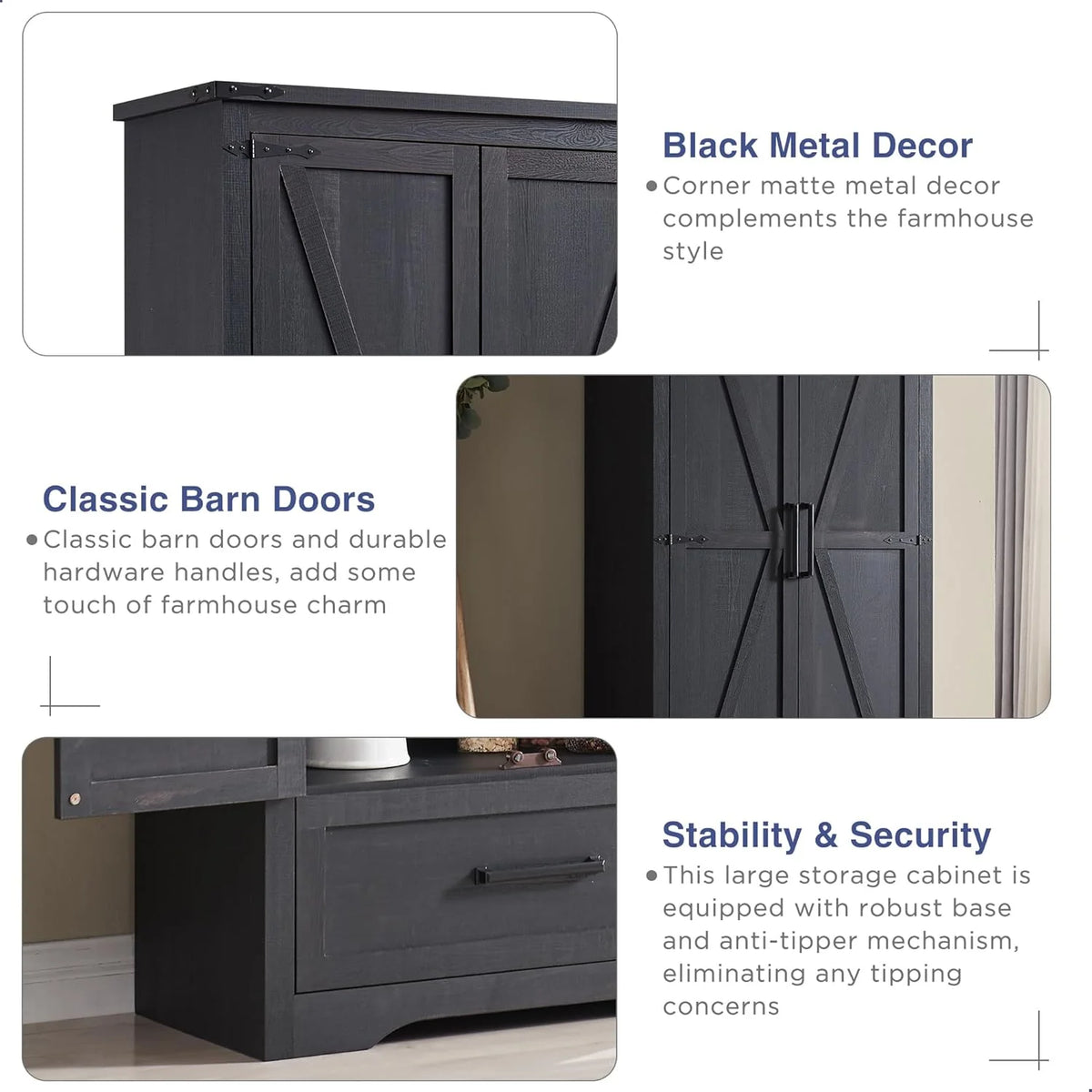 JXQTLINGMU Farmhouse Kitchen Pantry - 72 Tall Wood Kitchen Storage Cabinet with Adjustable Shelves and 2 Barn-Style Doors and Drawers
