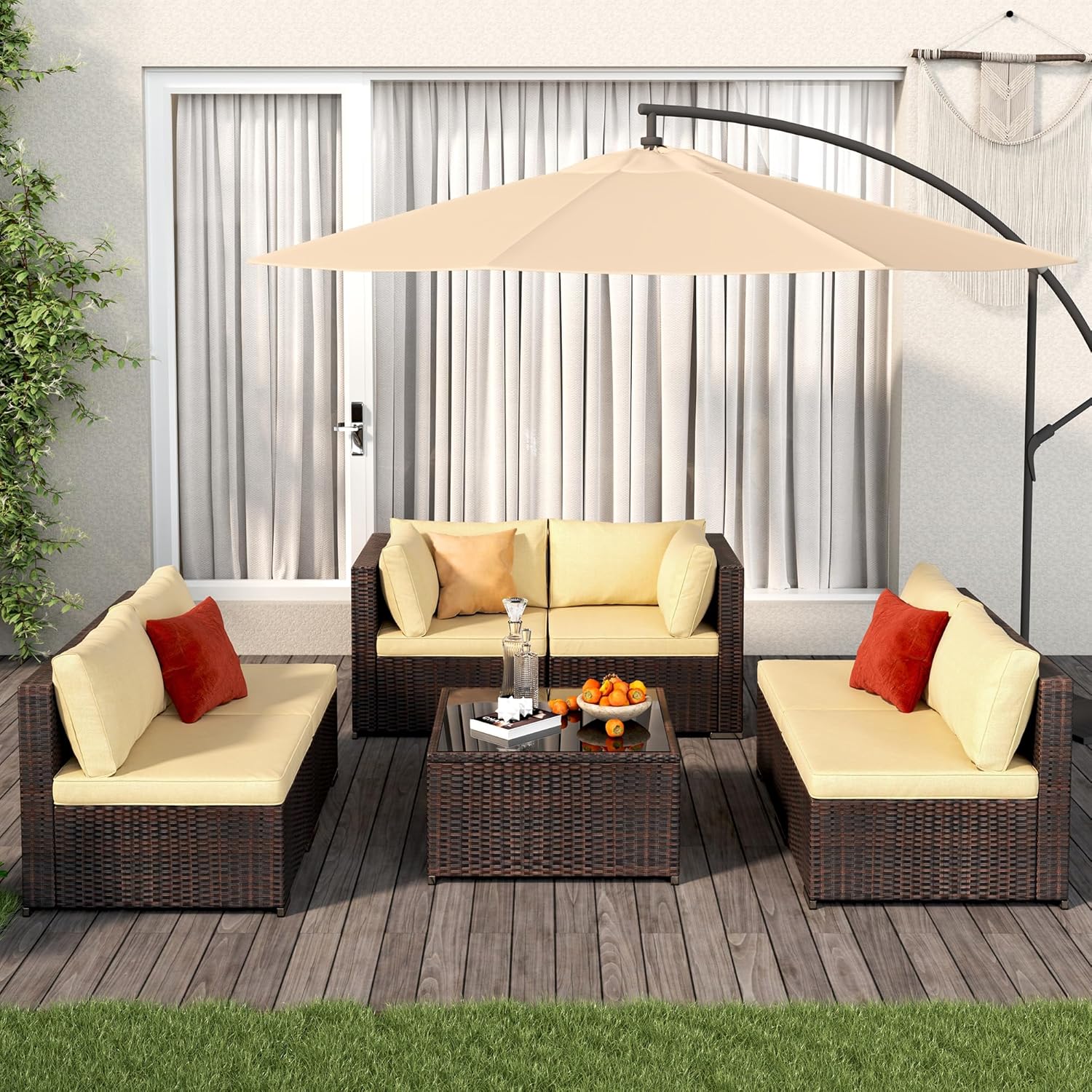 7 Pieces Outdoor Patio Furniture Set, PE Rattan Outdoor Wicker Sectional Furniture Sofa Set, with Cushions and Glass Coffee Table, for Balcony, Porch, Garden, Grey