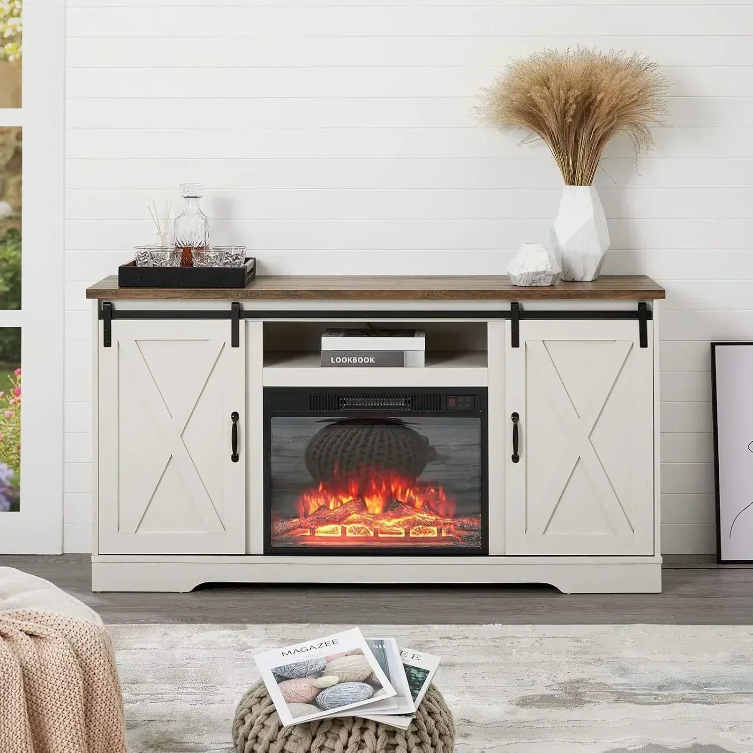 AMERLIFE Fireplace TV Stand with Sliding Barn Door  Farmhouse 63 Fireplace Entertainment Center