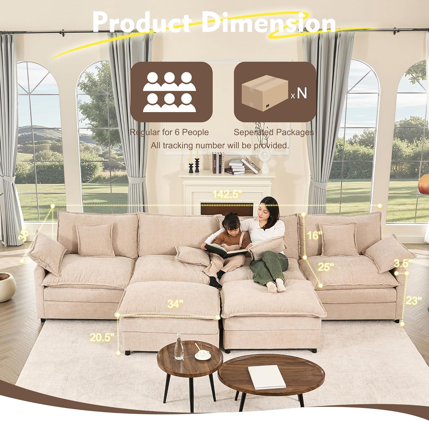108 Inch U Shape Sofa Sectional Sofa Comfortable Cloud Sofa with Removable Footstool