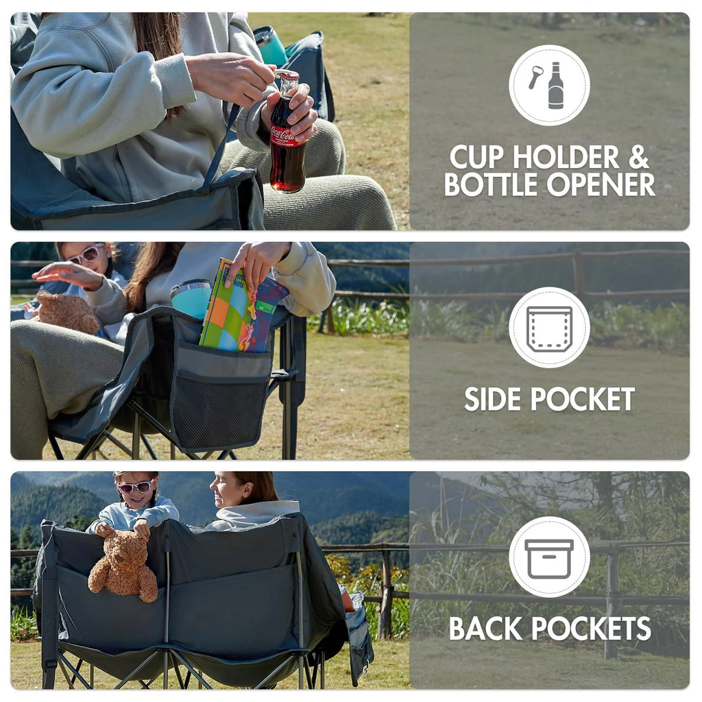 Double Camping Chair for Two Adults Folding Padded Loveseat with Cup Holders and Carry Bag 600 lbs
