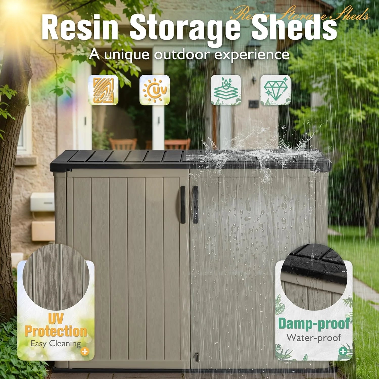 Greesum Outdoor Horizontal Storage Shed 27 Cu.ft Resin Large Storage Box for Garden Patio